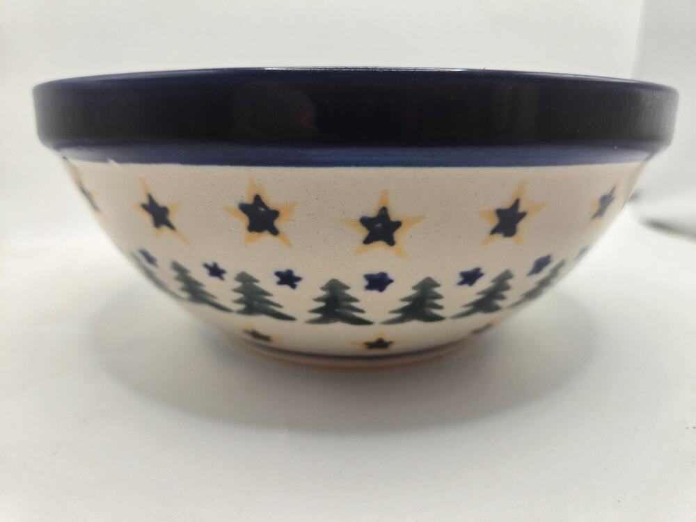 Boleslawiec Pottery Hand Made in Poland Serving/Cereal Bowl Pine Trees Stars 7”